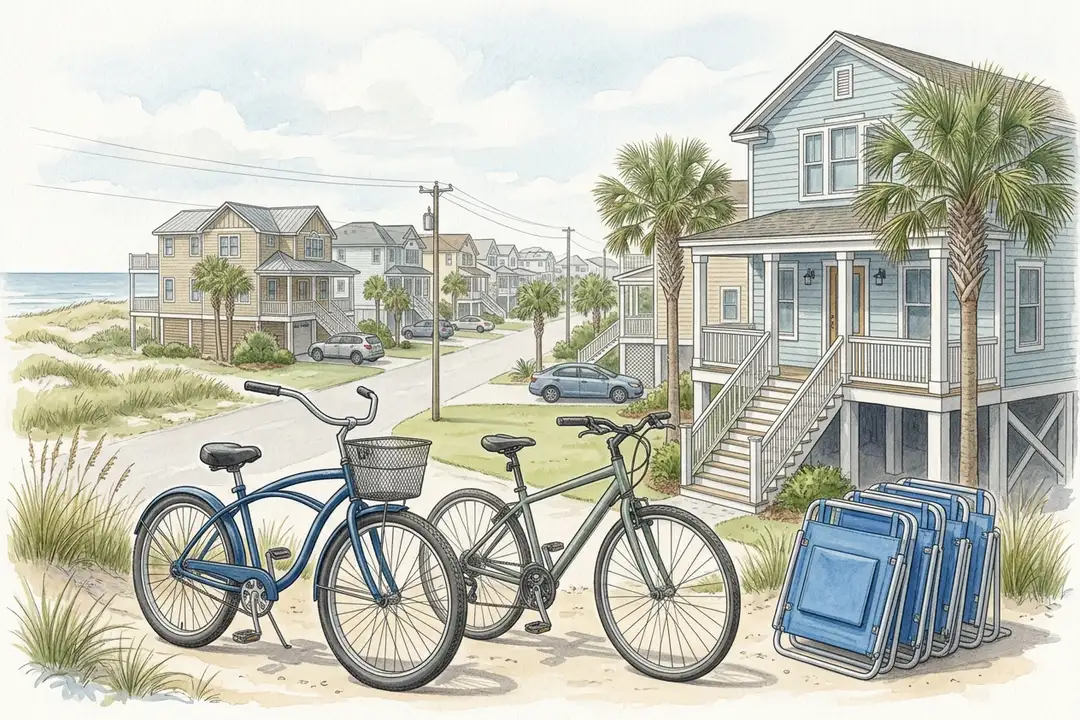 A beach cruiser and hybrid bike stand beside a raised coastal house on a Surfside Beach street.