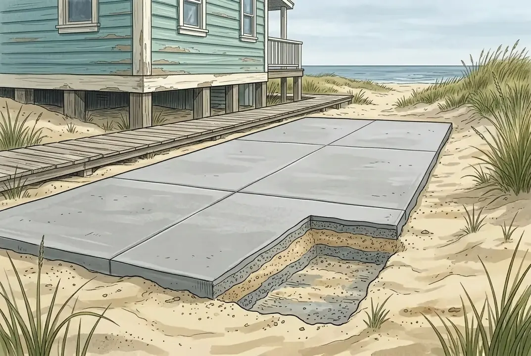 A new concrete driveway with control joints slopes from a raised coastal home toward a sandy edge and dune grass.