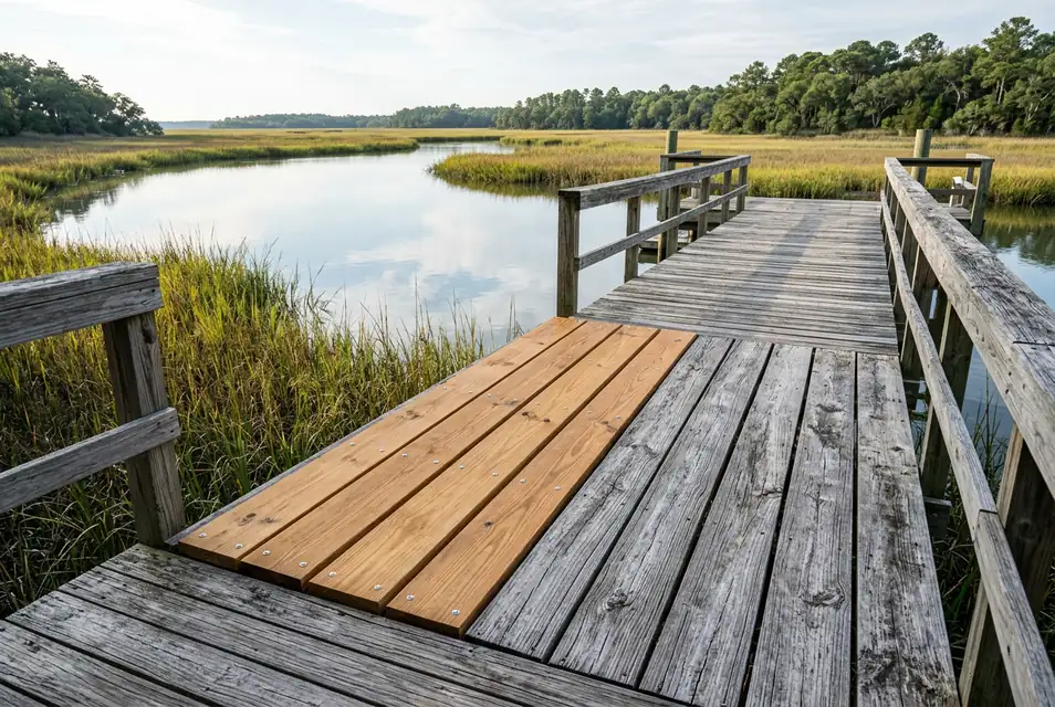New wood boards and galvanized fasteners replace weathered boards on a dock beside a coastal marsh channel.