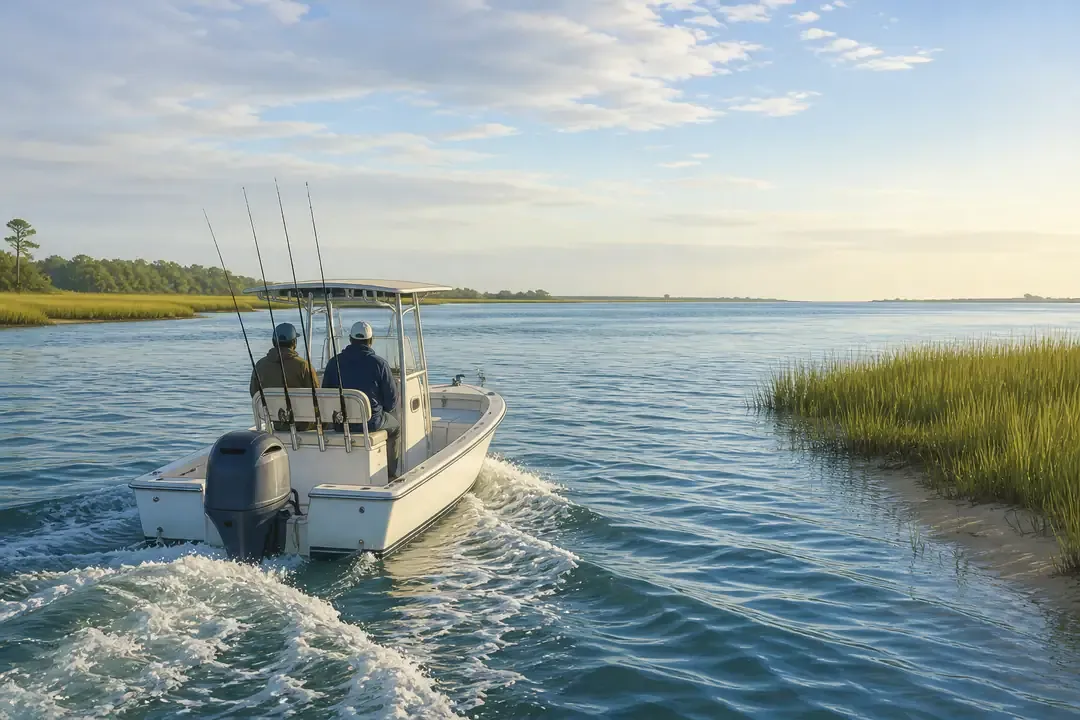 A small fishing charter boat crosses the water near the Murrells Inlet salt marsh.