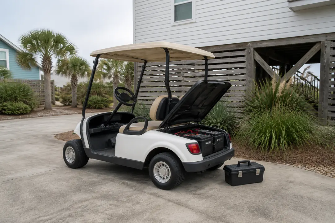 An unbranded golf cart with an open battery compartment beside a raised coastal house.