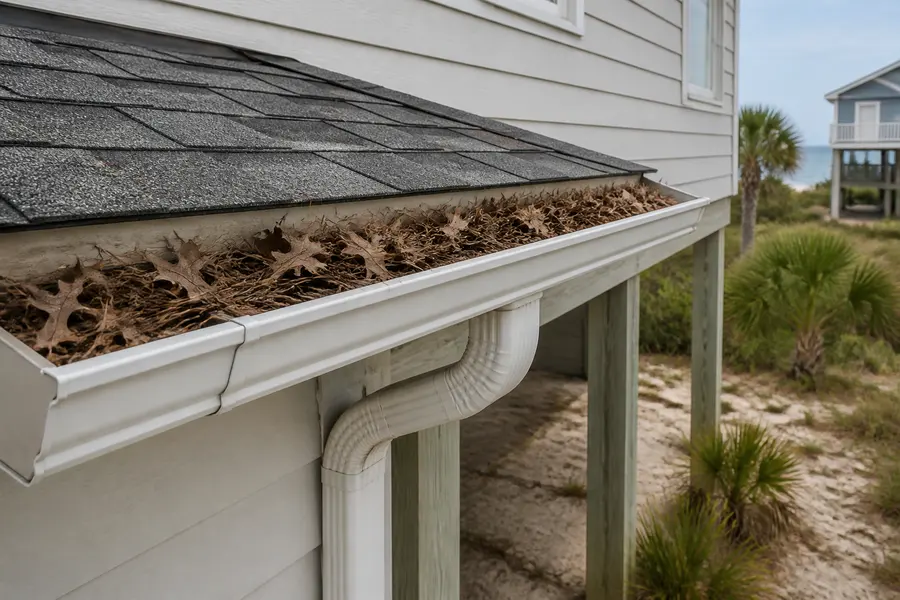 Pine needles and oak leaves collect in a rain gutter on a coastal Surfside Beach home.