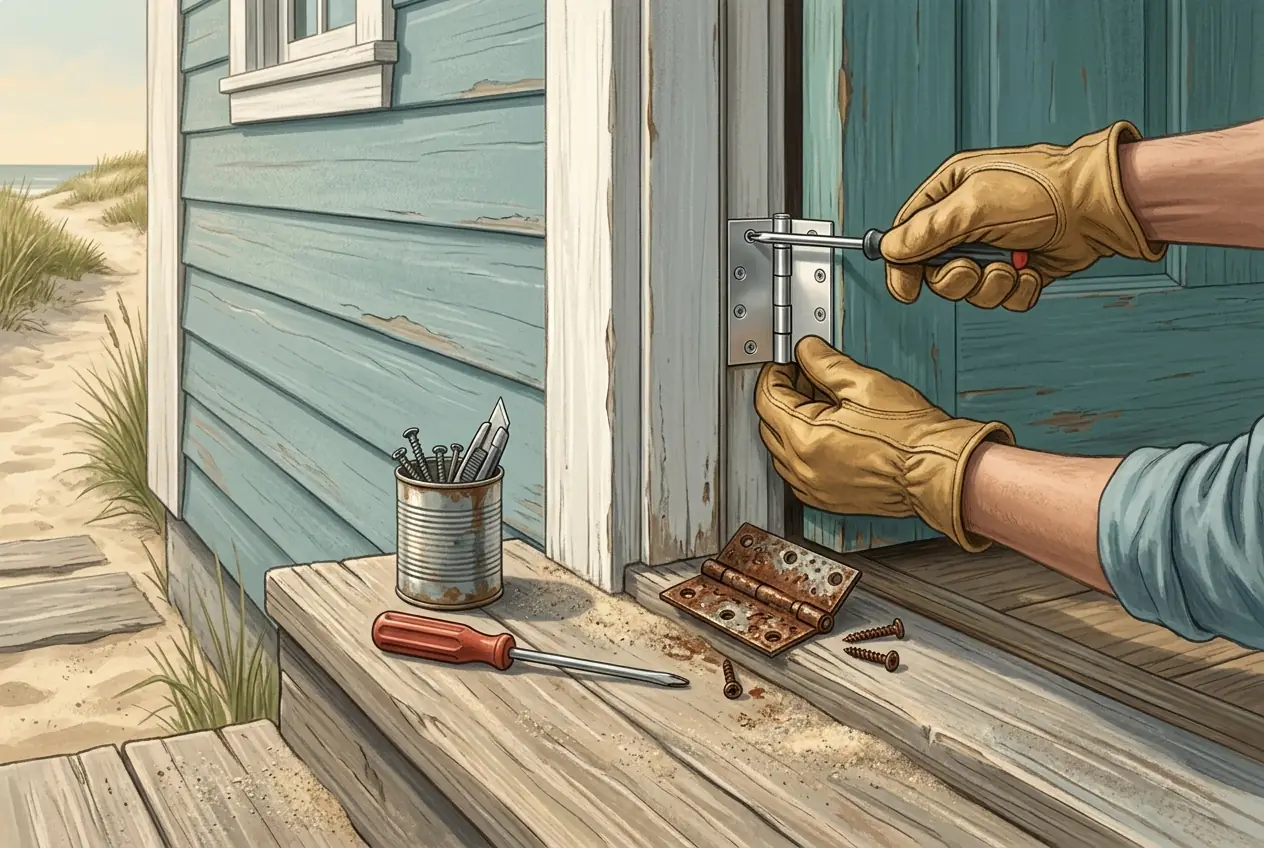Gloved hands replace a salt-corroded door hinge at a coastal Surfside Beach home.