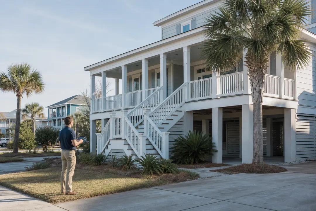 A home-watch professional records exterior conditions at a raised coastal home.