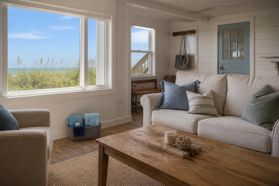 Cleaning supplies rest beside a bright living room window in a coastal Surfside Beach home.