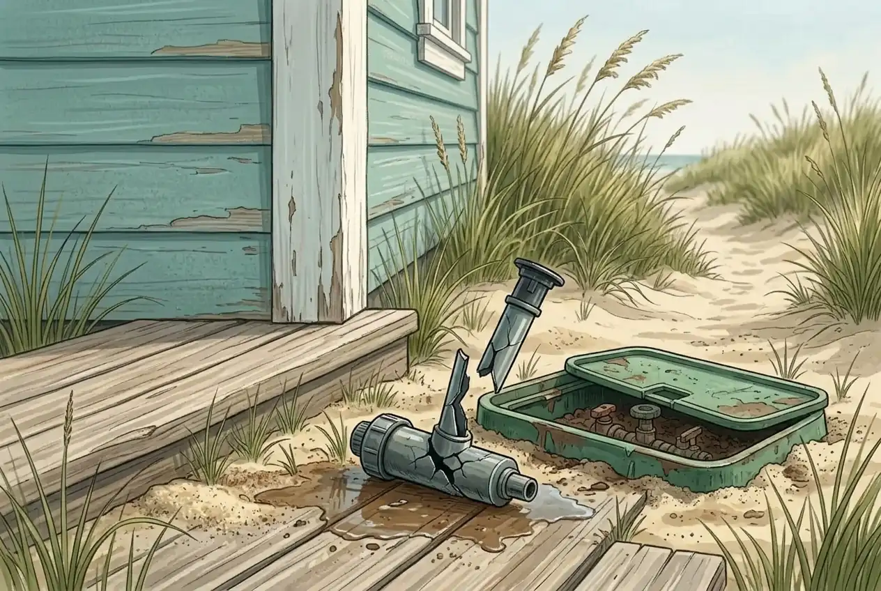 A broken sprinkler head leaks beside an irrigation valve box in the sandy yard of a coastal Surfside Beach home.