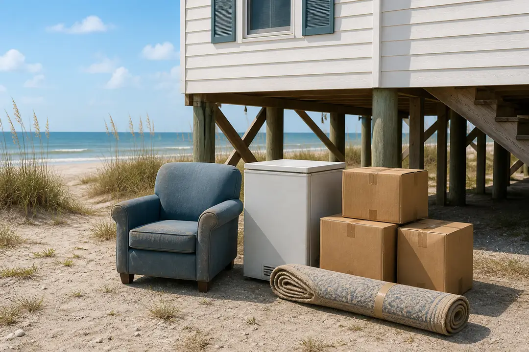 Discarded furniture, an appliance, and packed boxes wait beside a raised coastal home in Surfside Beach.