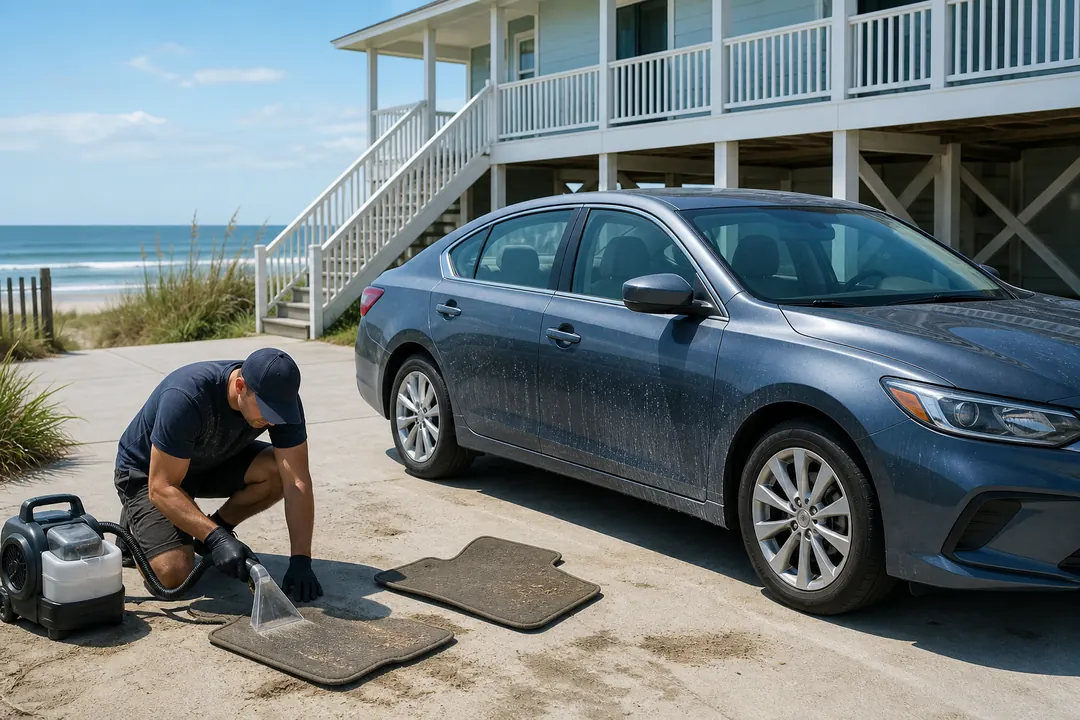 A detailer extracts sand from car floor mats beside a coastal vacation rental.