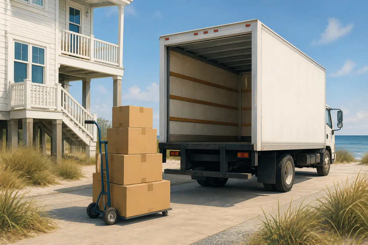 Sealed moving boxes on a hand truck beside an open box truck at a raised coastal Surfside Beach home.