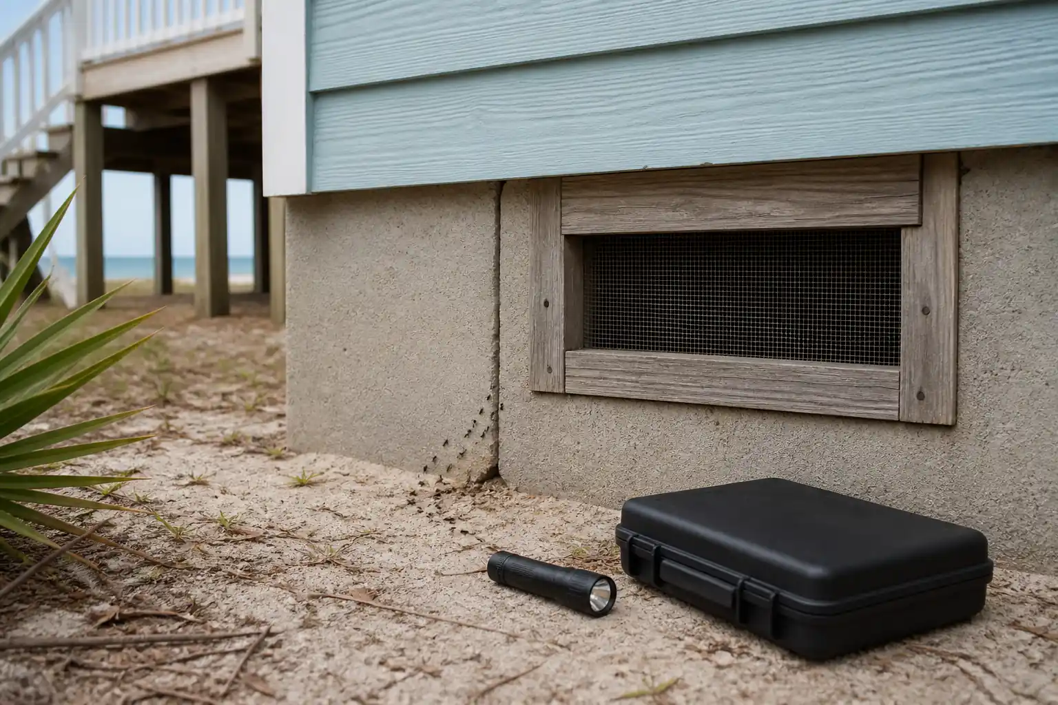 Ants follow a foundation crack beside a screened crawlspace vent at a raised coastal home in Surfside Beach.