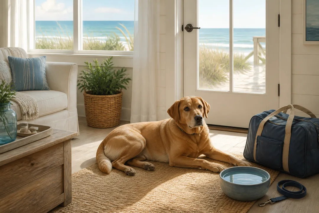 A relaxed dog rests beside a water bowl and leash in a coastal vacation rental.