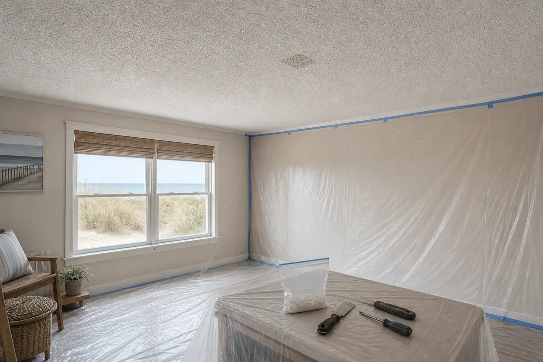 A protected coastal room in Surfside Beach prepared for popcorn ceiling testing before removal.