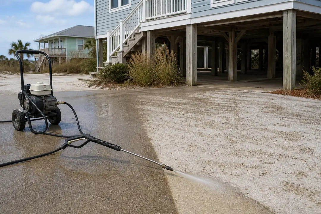 A pressure washer wand cleans a sandy concrete driveway beside a raised coastal house.