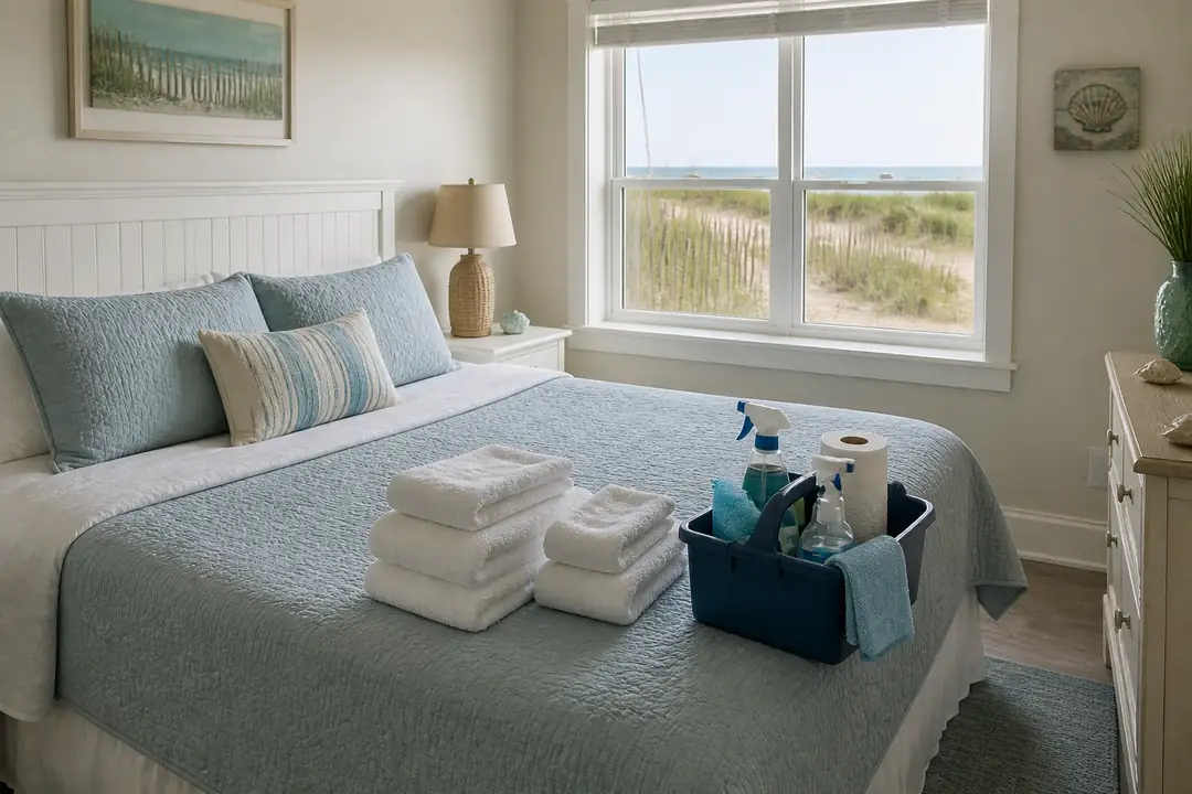 Folded towels and cleaning supplies sit on a made bed in a coastal vacation rental.