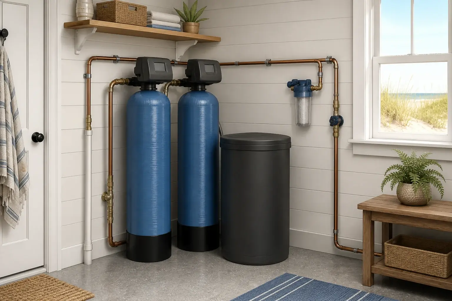 Two whole-home filter tanks and a brine tank connect to copper pipes in a coastal home utility room.