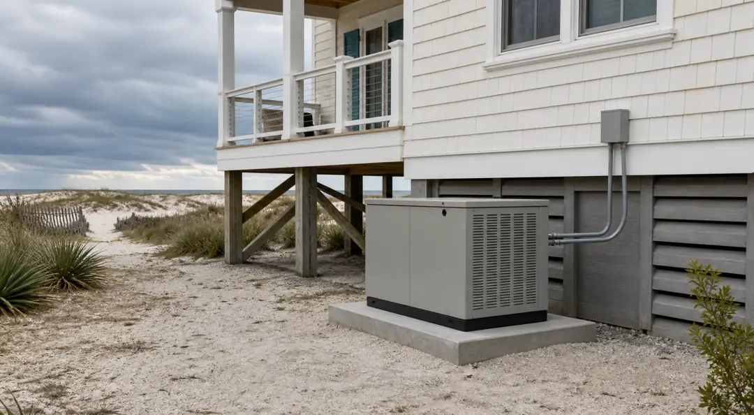 An unbranded standby generator sits beside a raised coastal home under storm clouds.